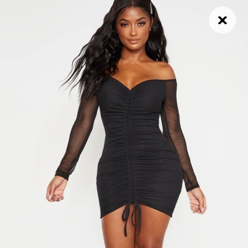 Pretty Little Thing‎ Shape Black Mesh Ruched Bardot Bodycon Dress size 2